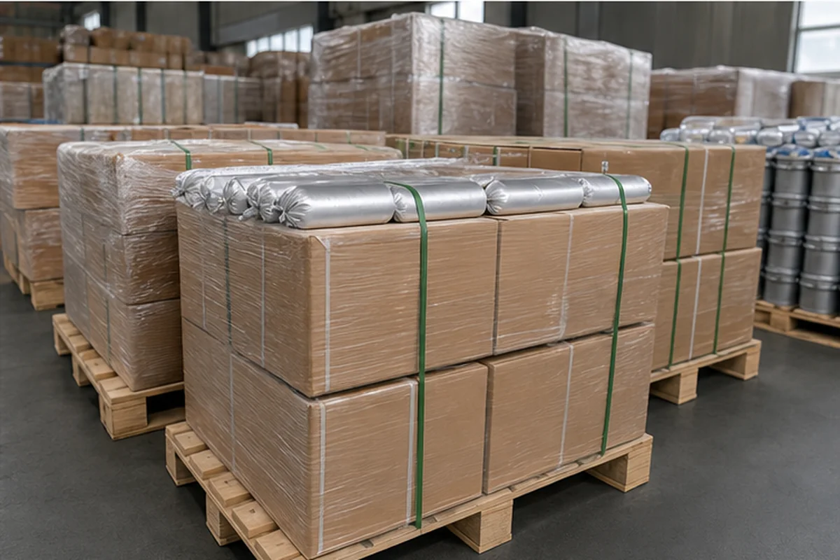 Sealed units packed in reinforced cartons and wrapped pallets for dry storage and export handling.