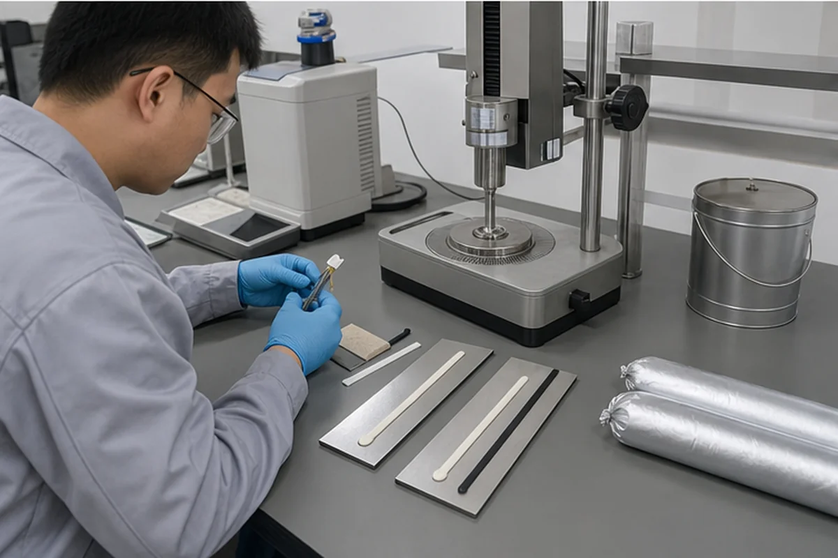 Representative viscosity, adhesive-sample and bonded-substrate checks for application matching.