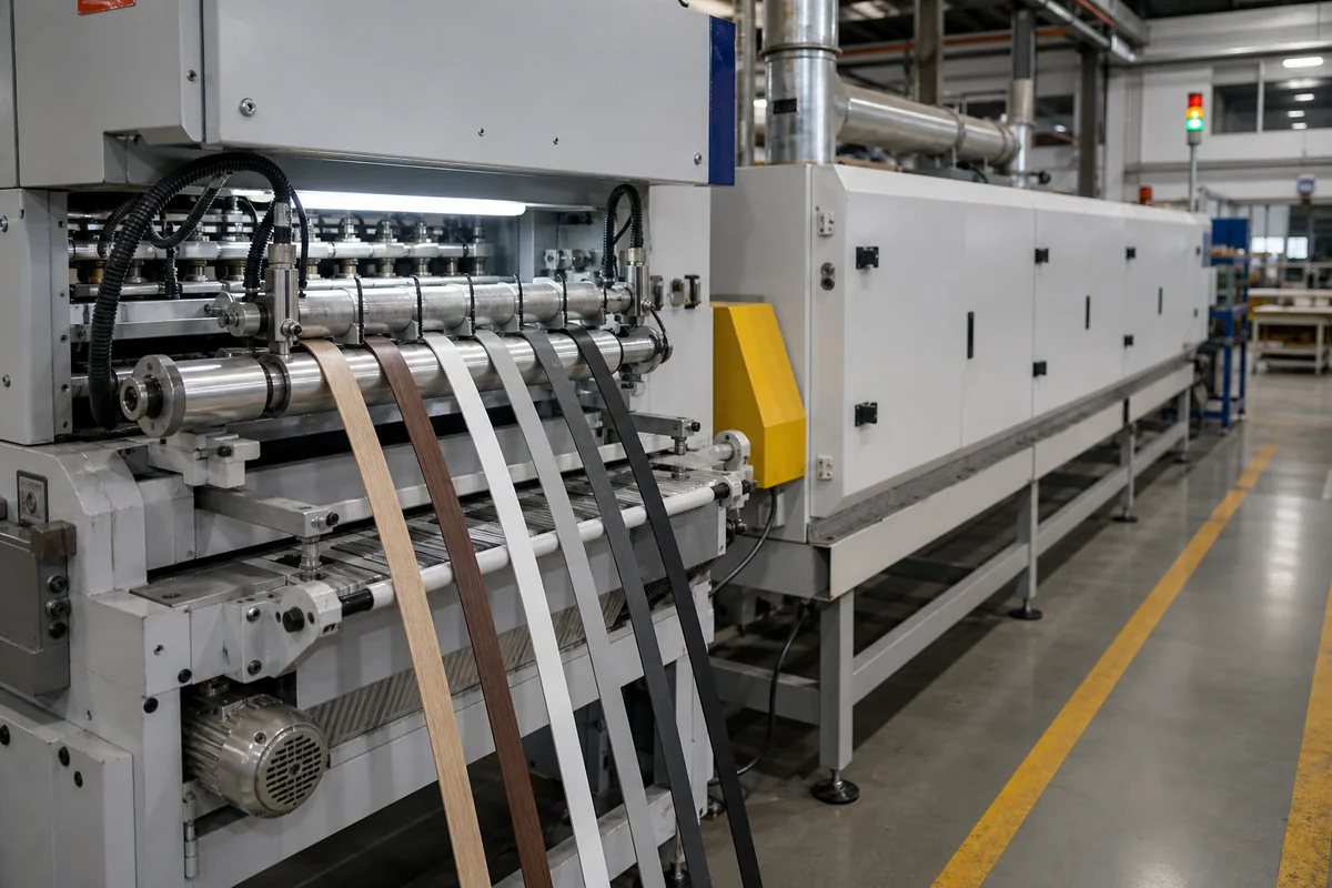 Representative PVC edge banding backside primer application and drying process visual.