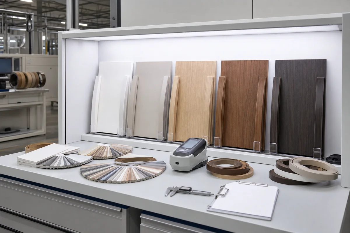 Representative PVC edge banding color matching laboratory with light booth and sample boards.