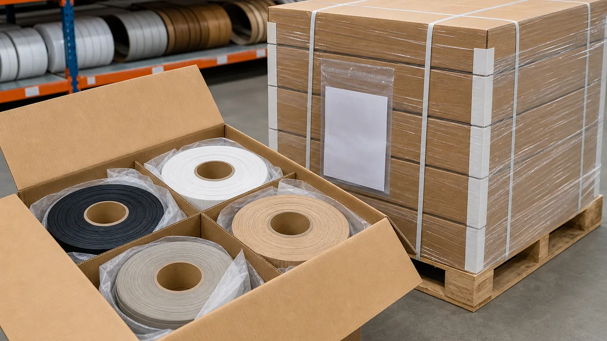 Representative export packing visual with protected PVC edge banding rolls, cartons, and pallet wrapping.