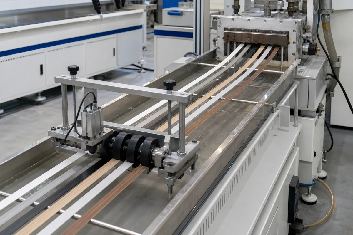 Representative PVC edge banding extrusion, cooling, and calibration line visual.