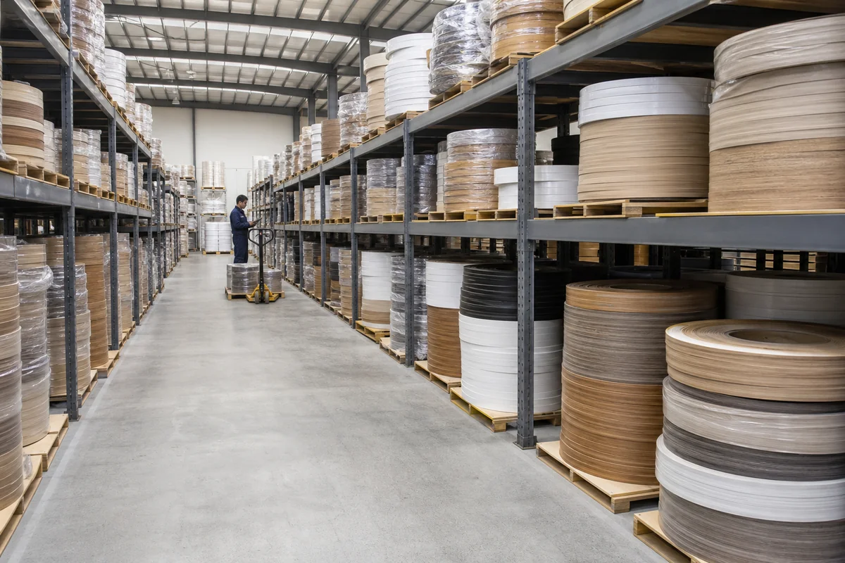 Representative PVC edge banding finished roll warehouse with sorted coils and export-ready storage.