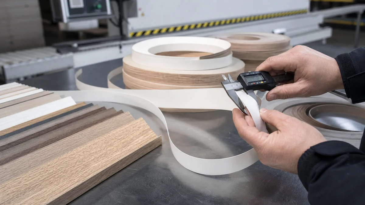 Representative quality inspection visual with digital caliper measurement of PVC edge banding.