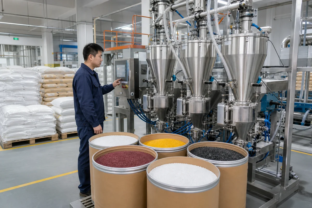 Representative PVC edge banding raw material preparation and automated color dosing process visual.