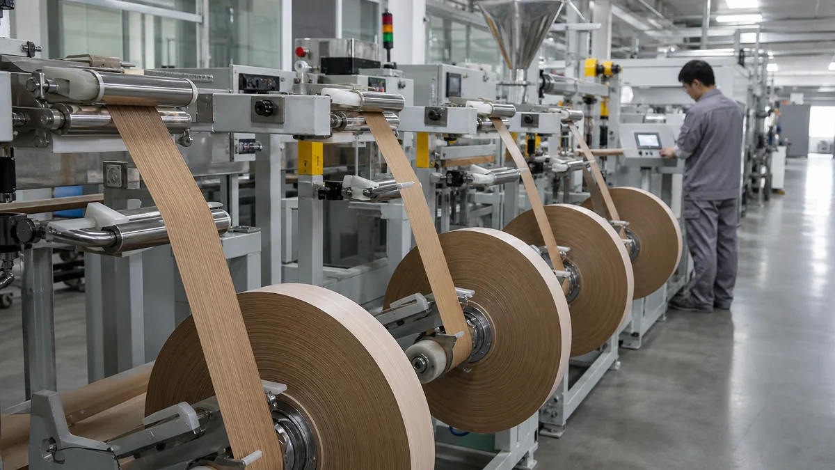 Representative PVC edge banding guide roller and winding process visual.