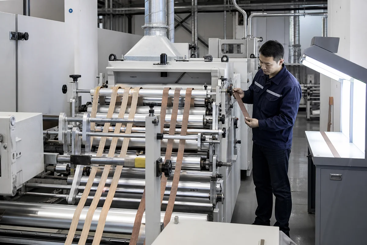 Representative wood-grain printing and protective topcoat process for narrow PVC edge banding strips.