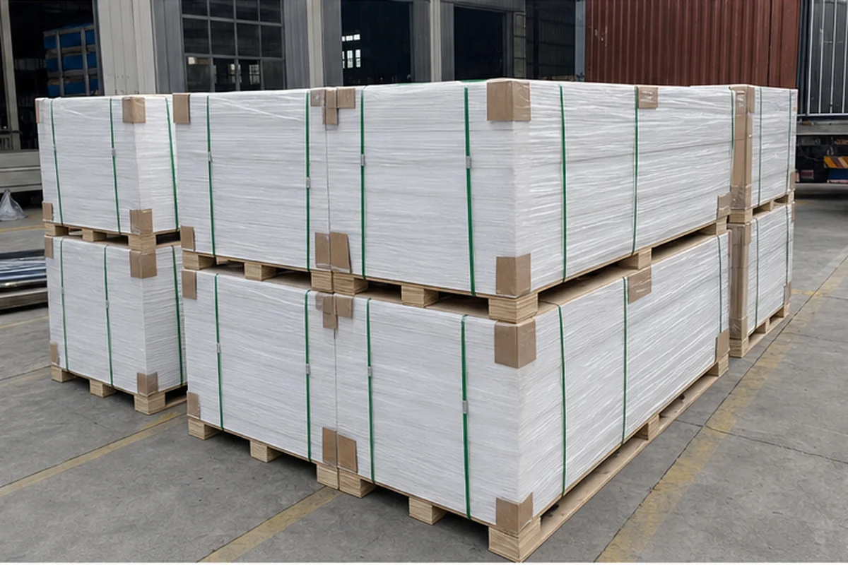 Plaques protégées par palettes, cornières, film et sangles pour la manutention.