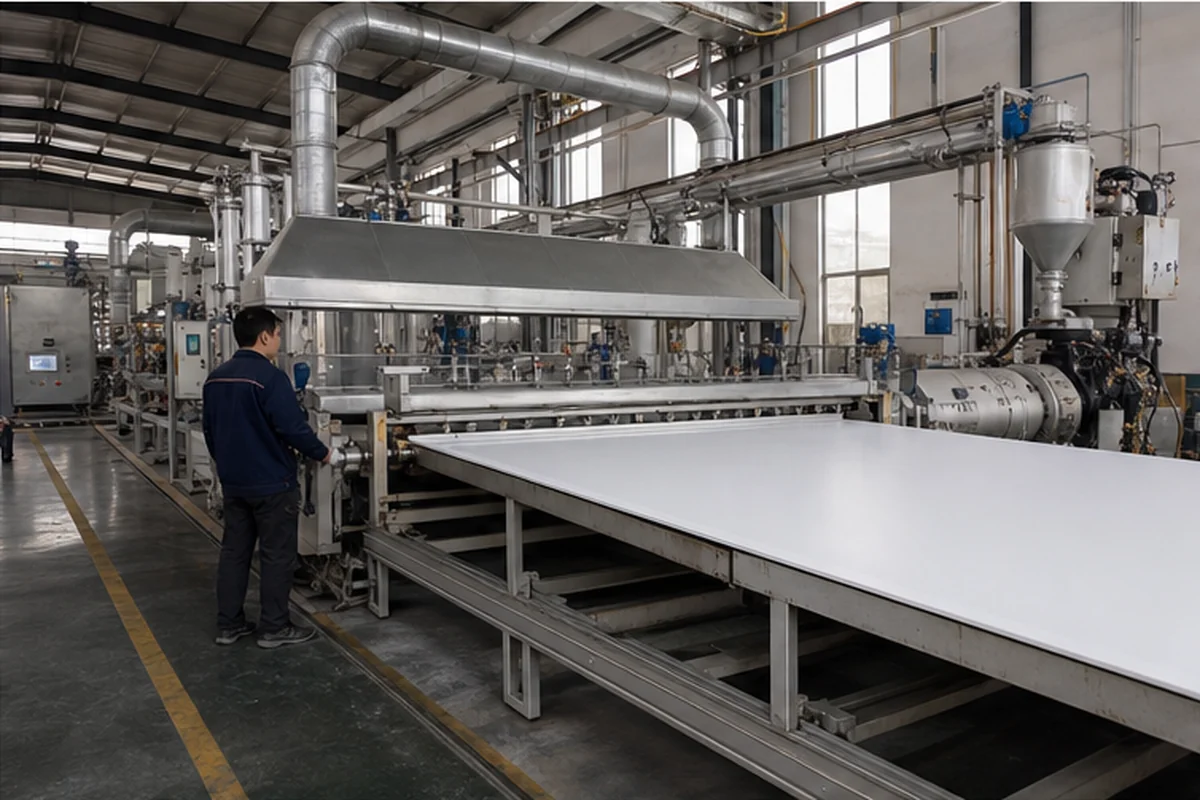 Representative PVC foam board extrusion and calibration line visual.
