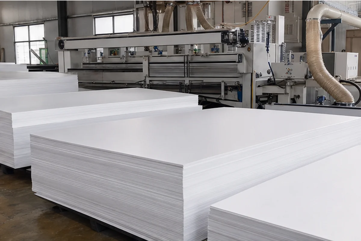 Representative PVC foam board sheet finishing and stacking visual.