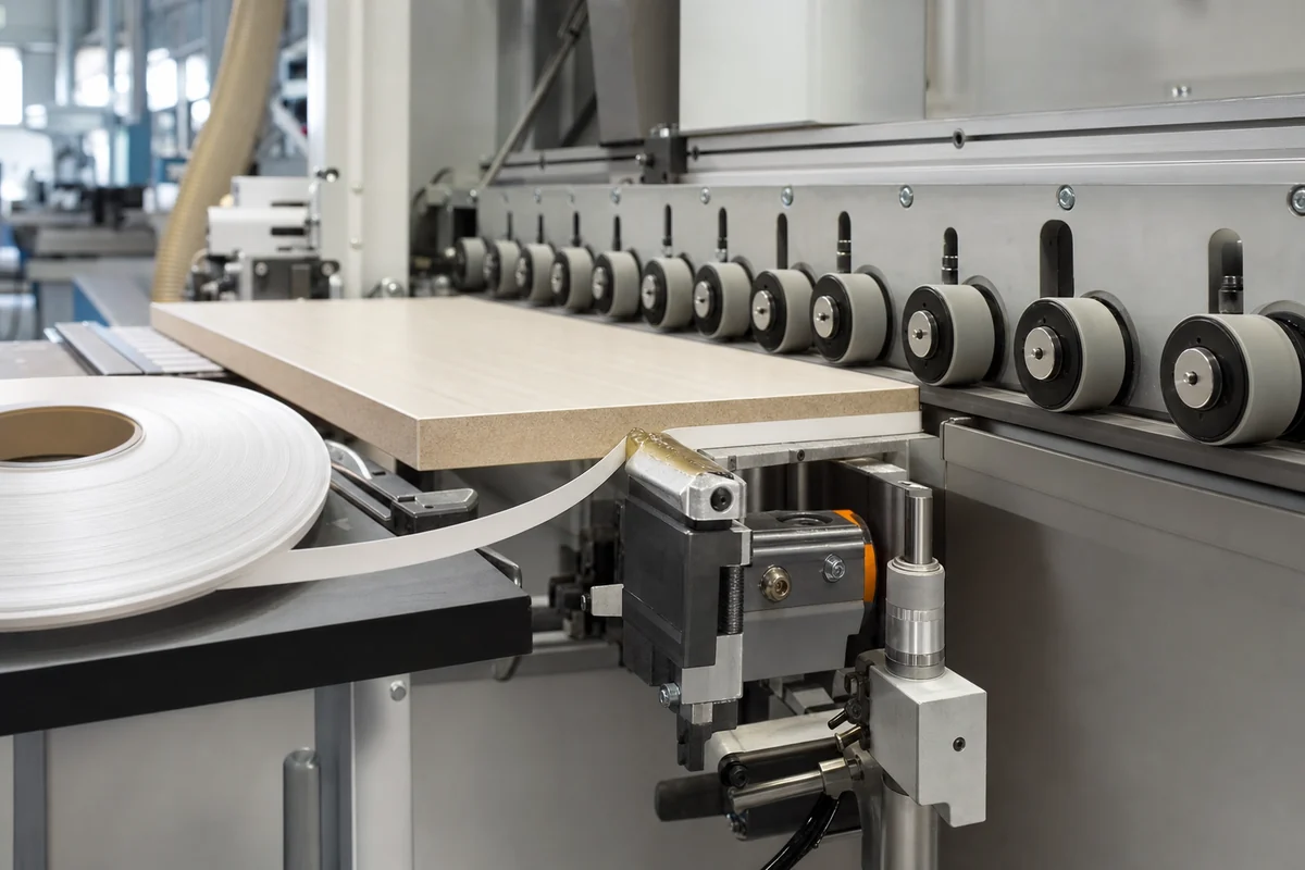 Automatic edge banding line applying PVC edge banding with controlled EVA/PUR hot melt adhesive and roller pressure.