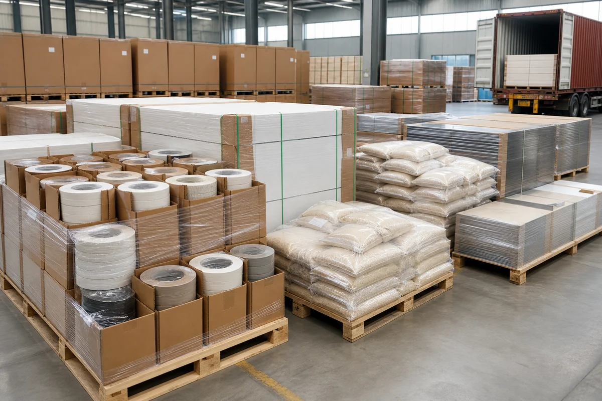 Palletized PVC edge banding rolls, PVC foam boards, adhesive bags, and WPC bundles prepared for international shipment.