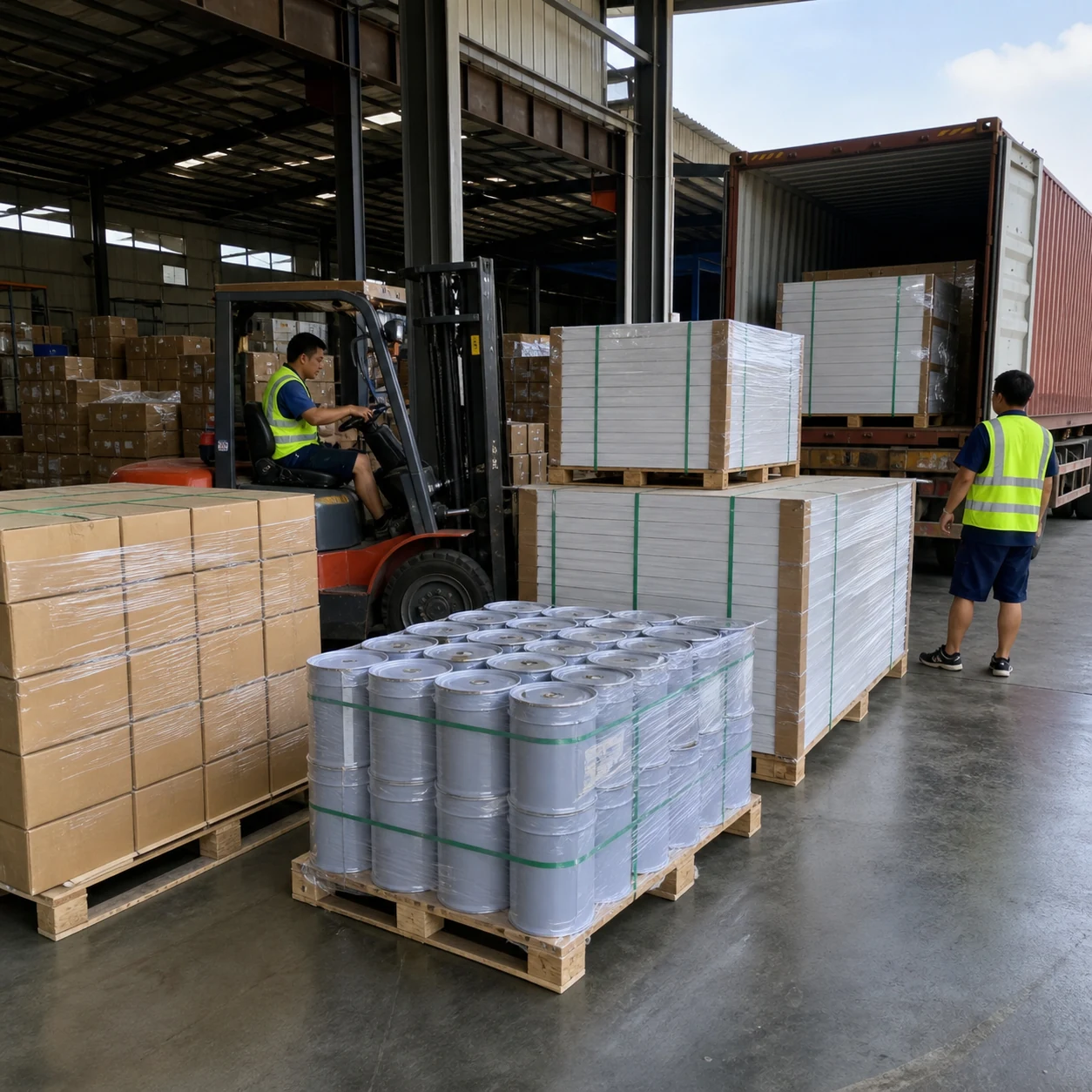 AI-generated mixed container loading plan with PVC foam board pallets, sealed edge banding cartons and 20 kg PUR pails