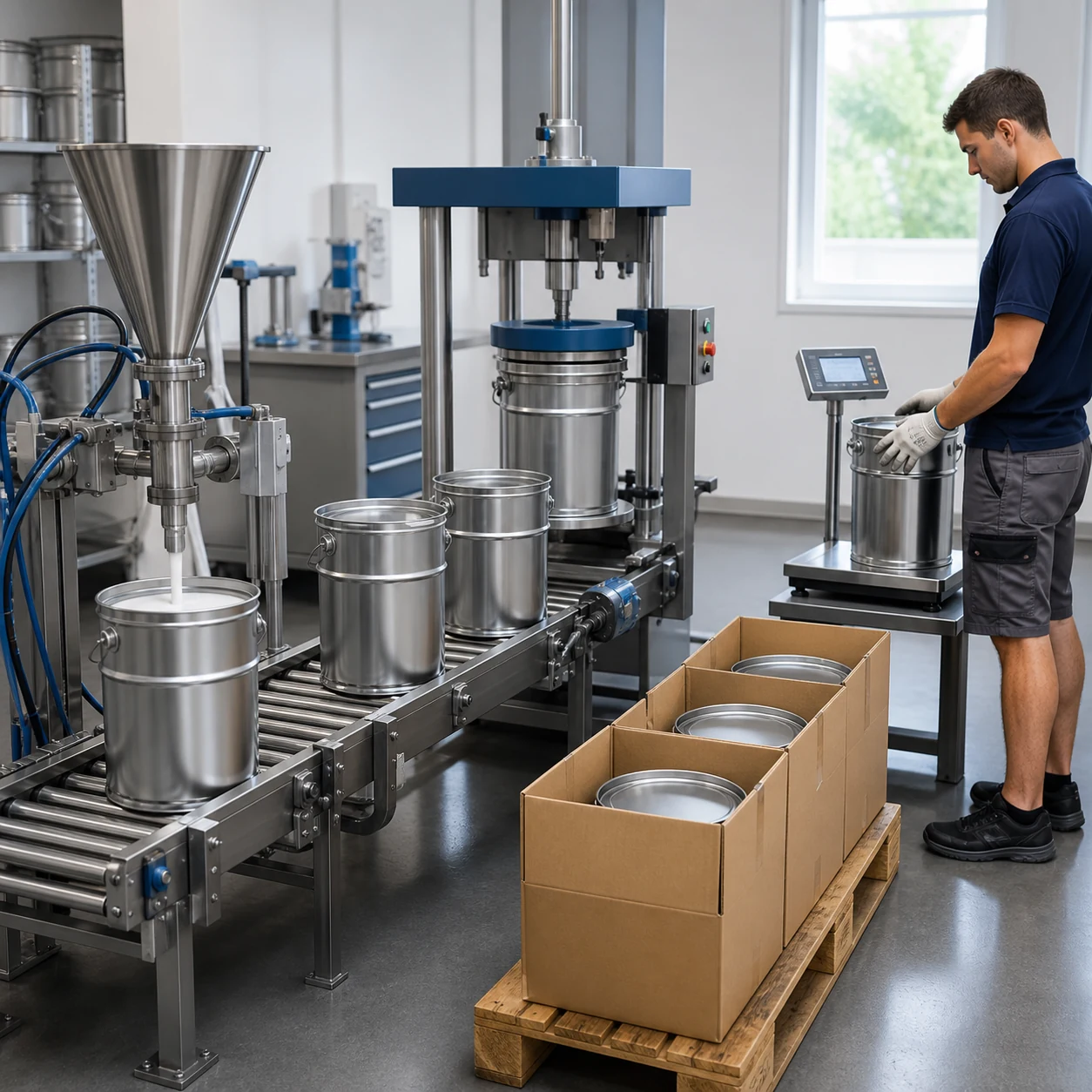 AI-generated PUR hot melt adhesive line filling and closing small 20 kg metal pails before carton packing