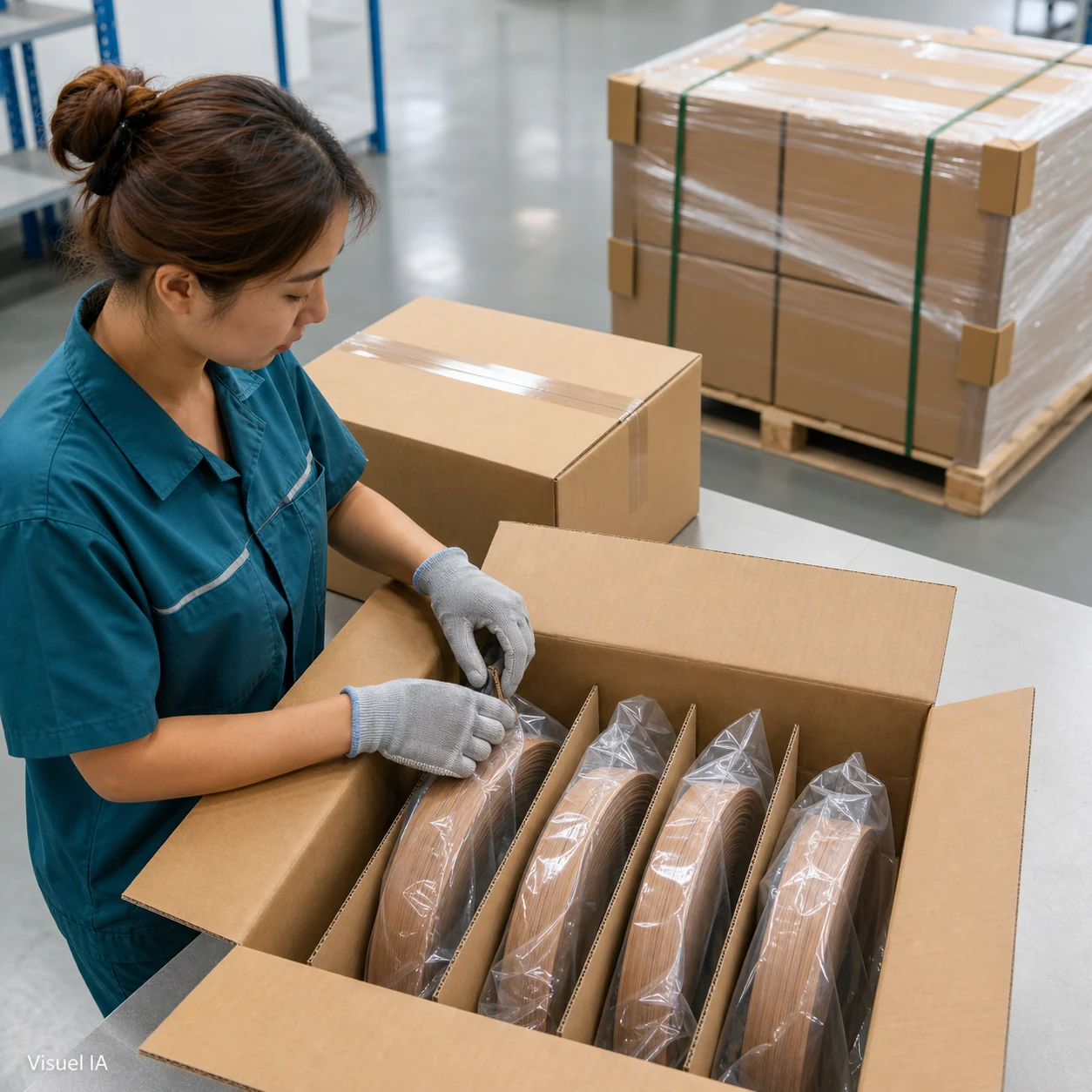 AI illustration: bagged PVC edge-band coils inside divided cartons, with sealed palletized cartons behind.