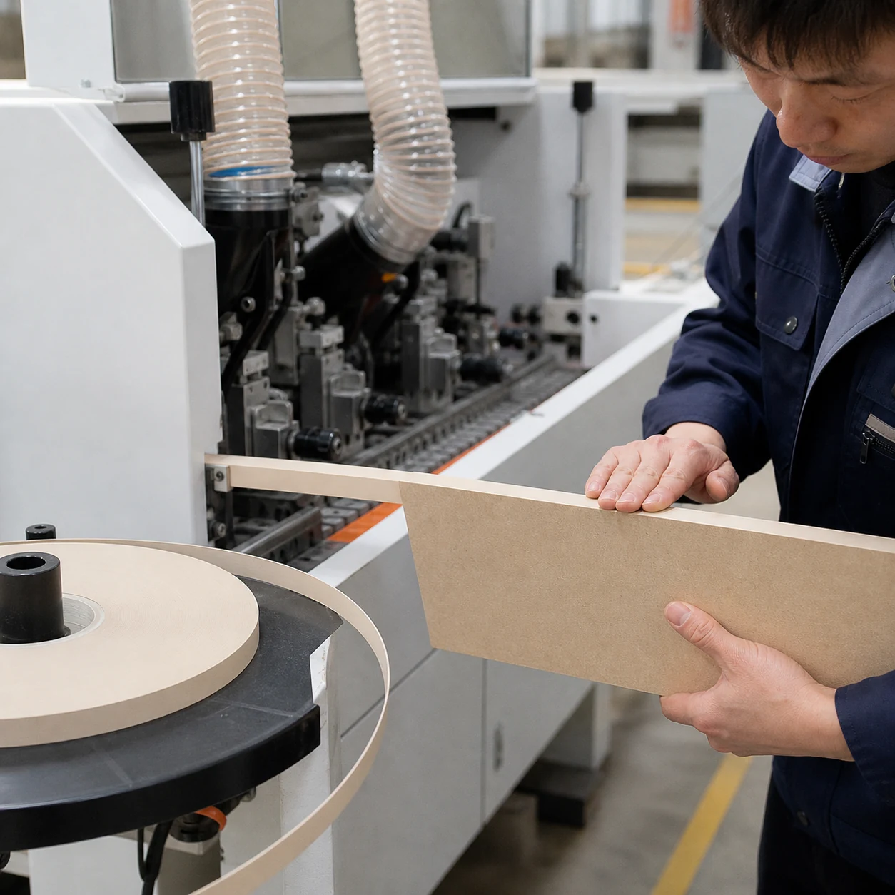 AI-generated cabinet panel edge banding machine applying a thin PVC strip with adhesion inspection