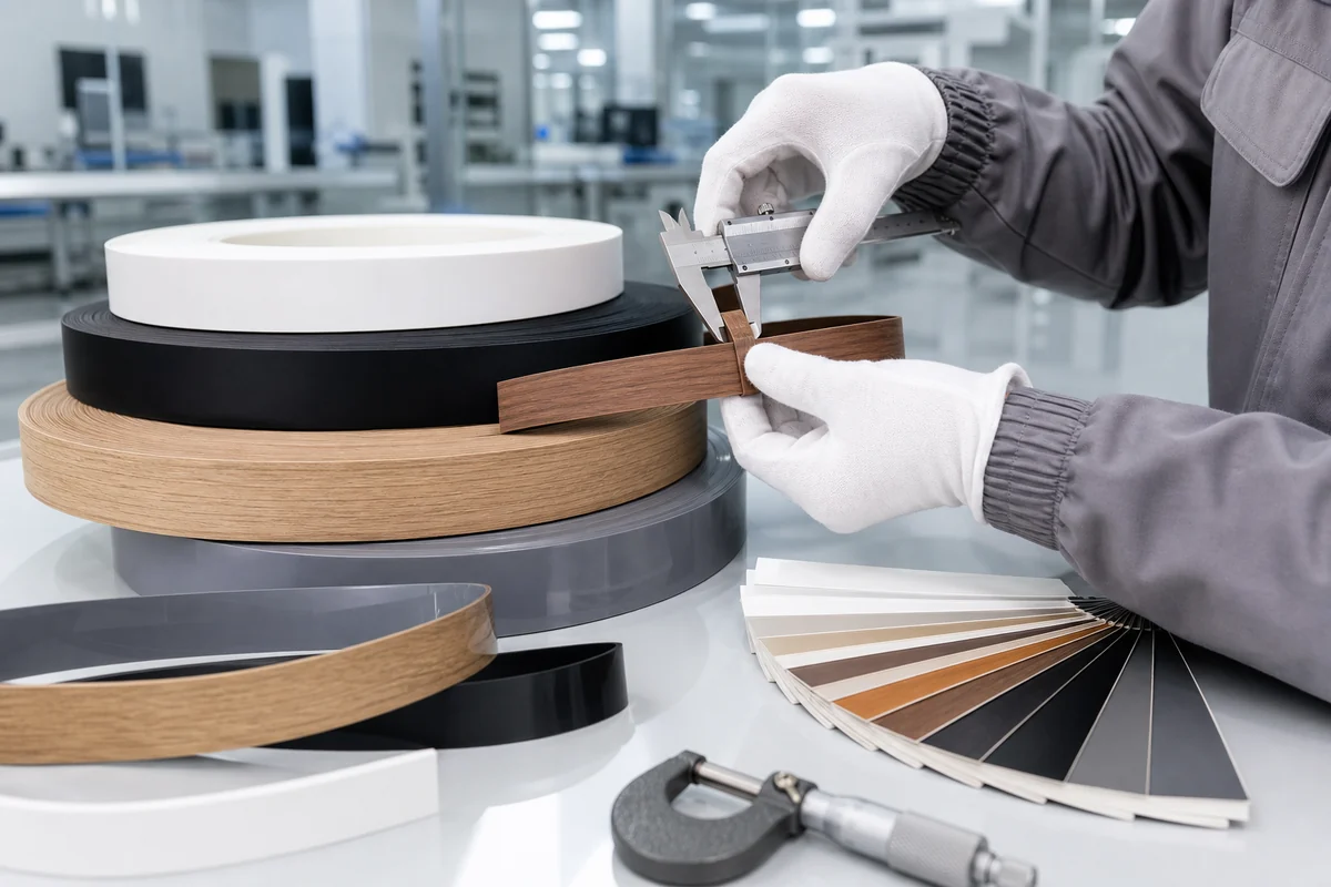 Gloved quality-control inspection of PVC edge banding thickness, color, gloss, and wood grain consistency for furniture production.