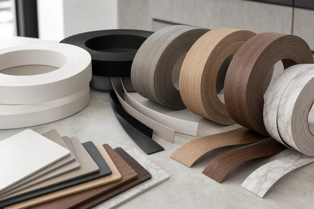 PVC edge banding rolls in solid color, wood grain, and marble finishes