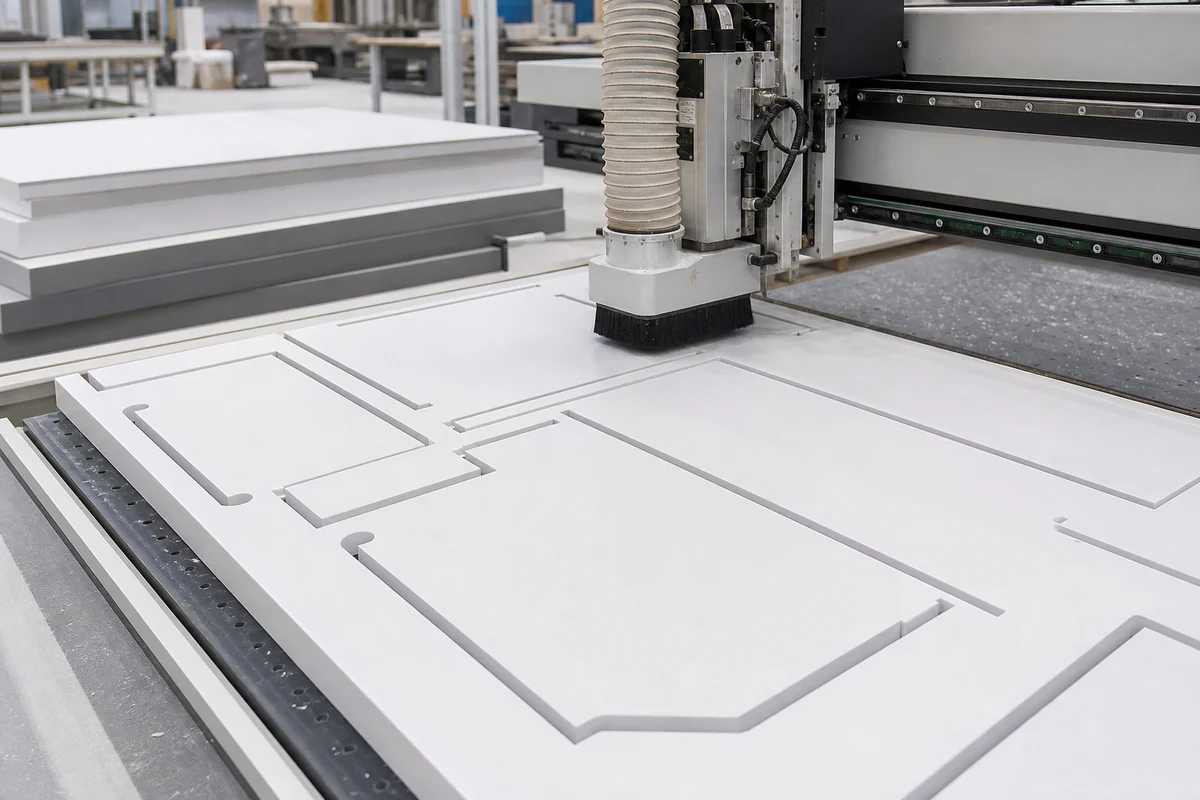 CNC routing of PVC foam board sheets for cabinet panels, signage, retail displays, and waterproof interior applications.
