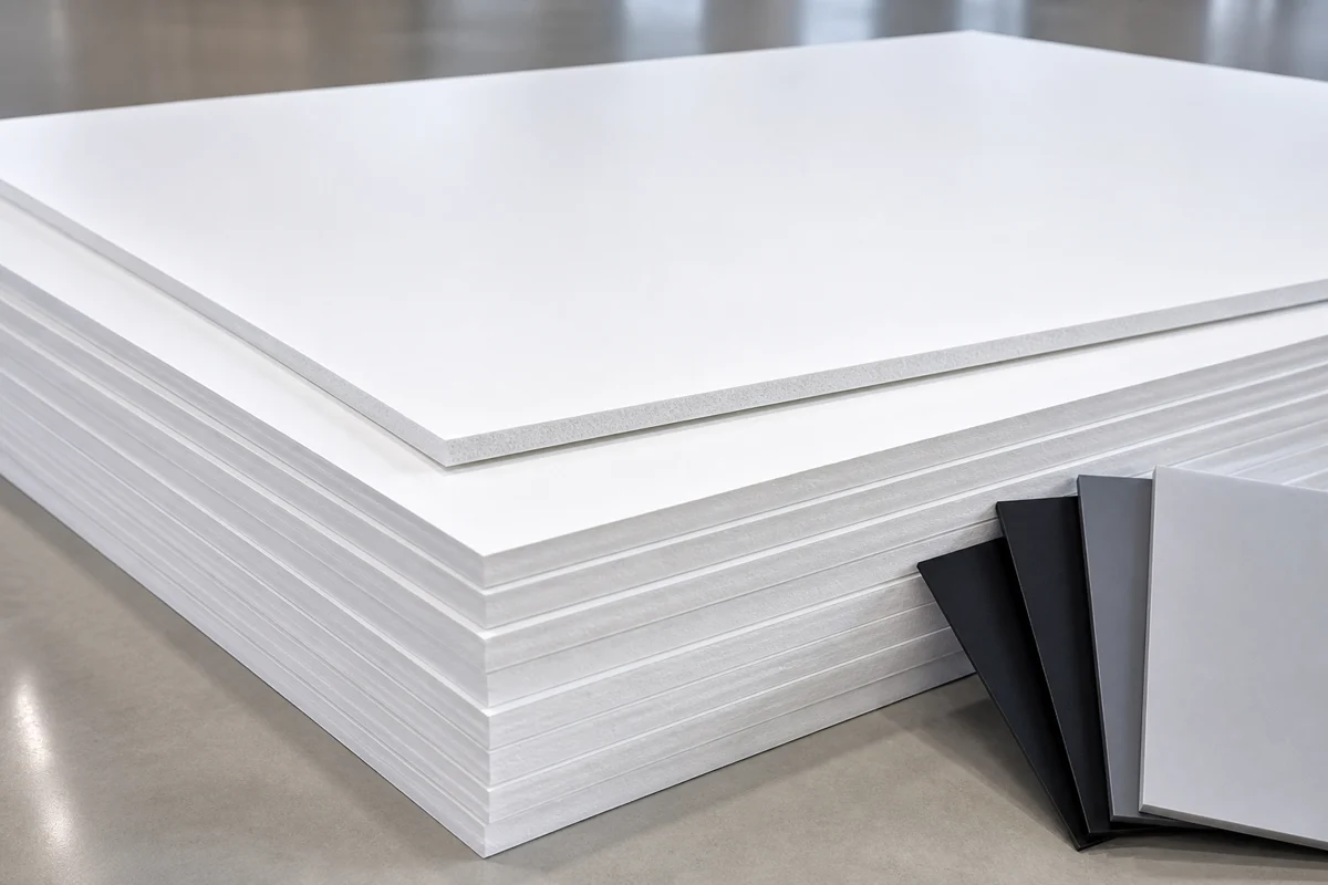 Stacked white PVC foam board sheets with black and gray color samples