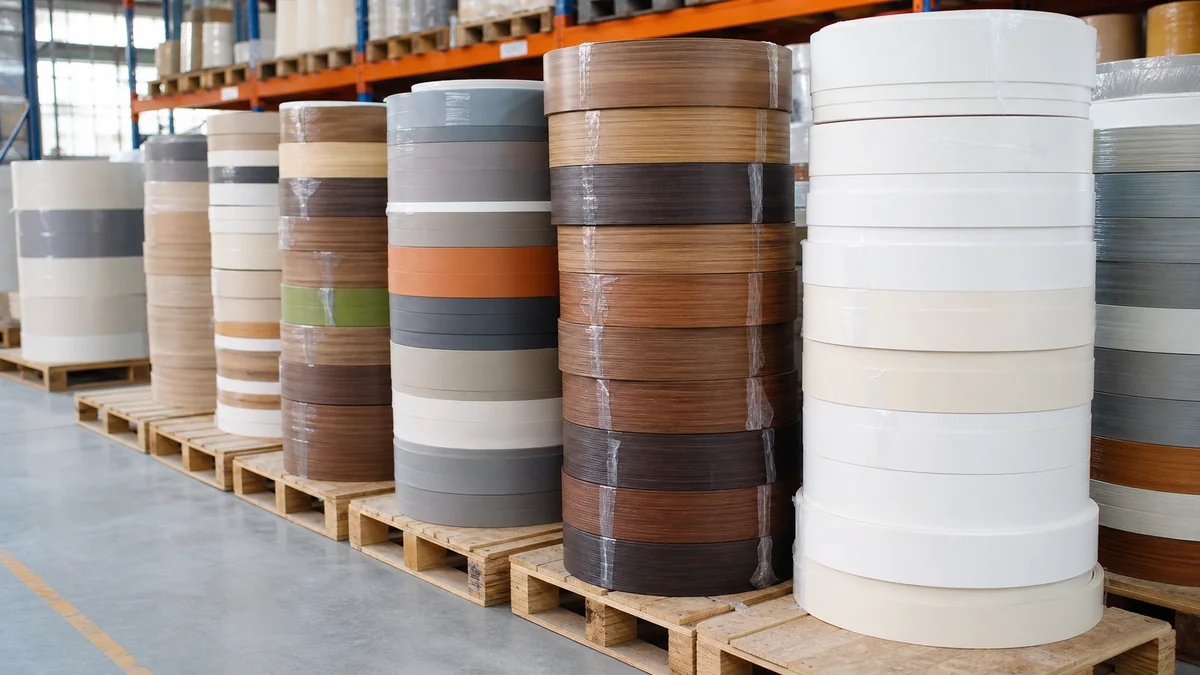 PVC edge banding packing photo with export warehouse rolls and cartons