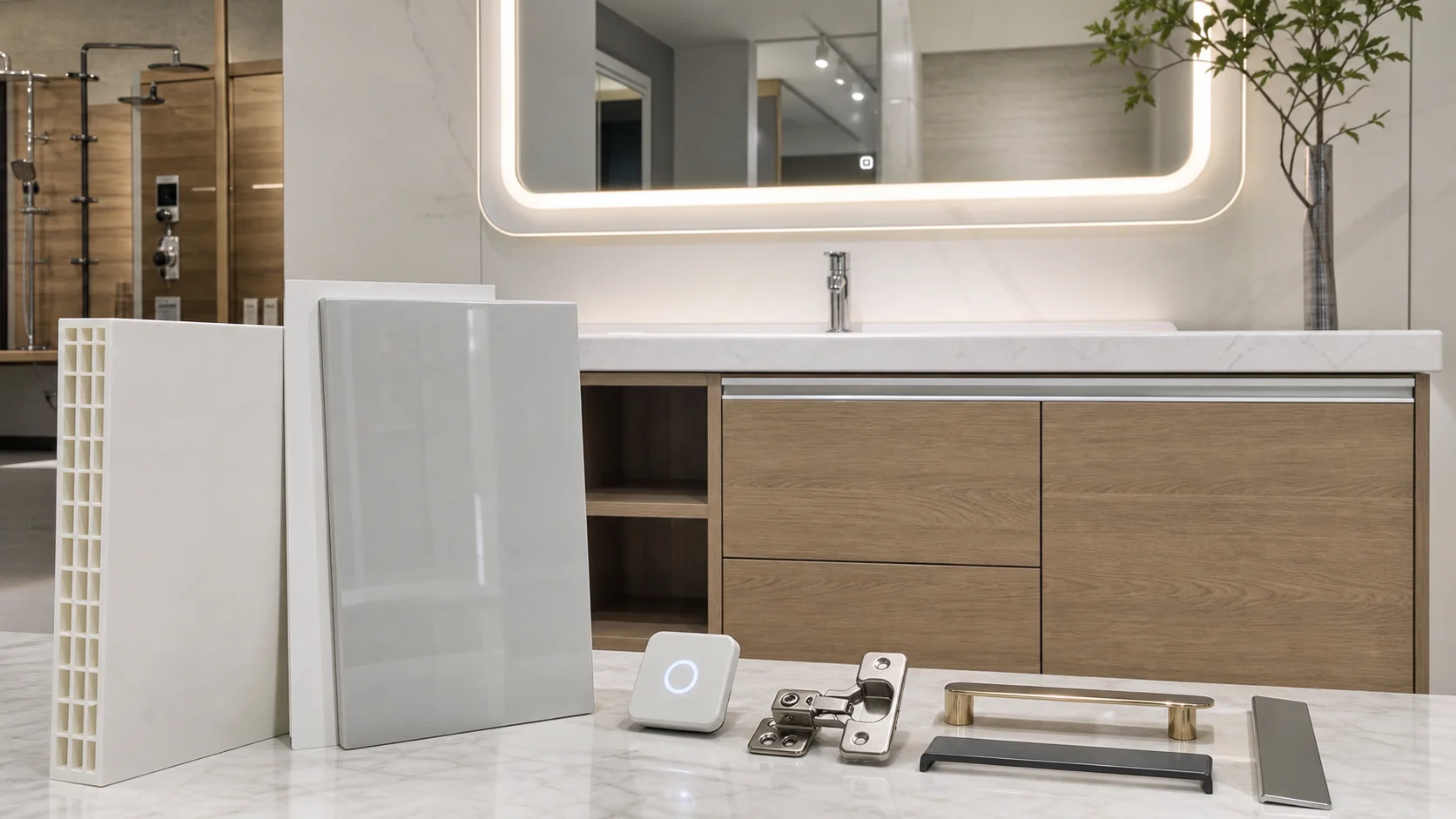 LED smart mirror, bathroom cabinet materials, switch, hinges and handles