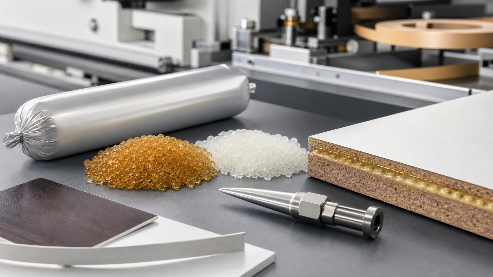 PUR hot melt adhesive granules and lamination board samples