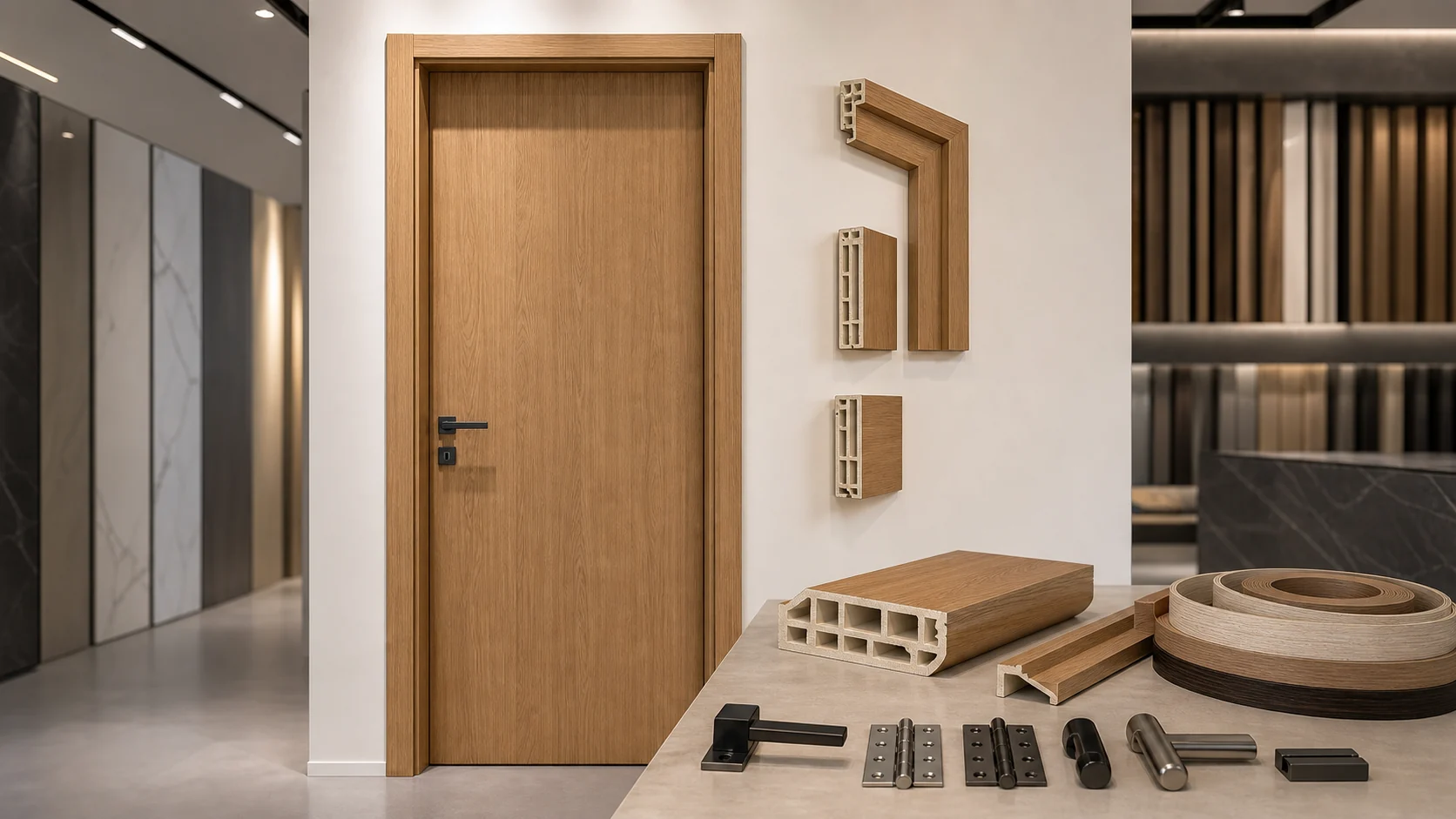 WPC interior door system with frame, architrave, film, edge banding and hardware