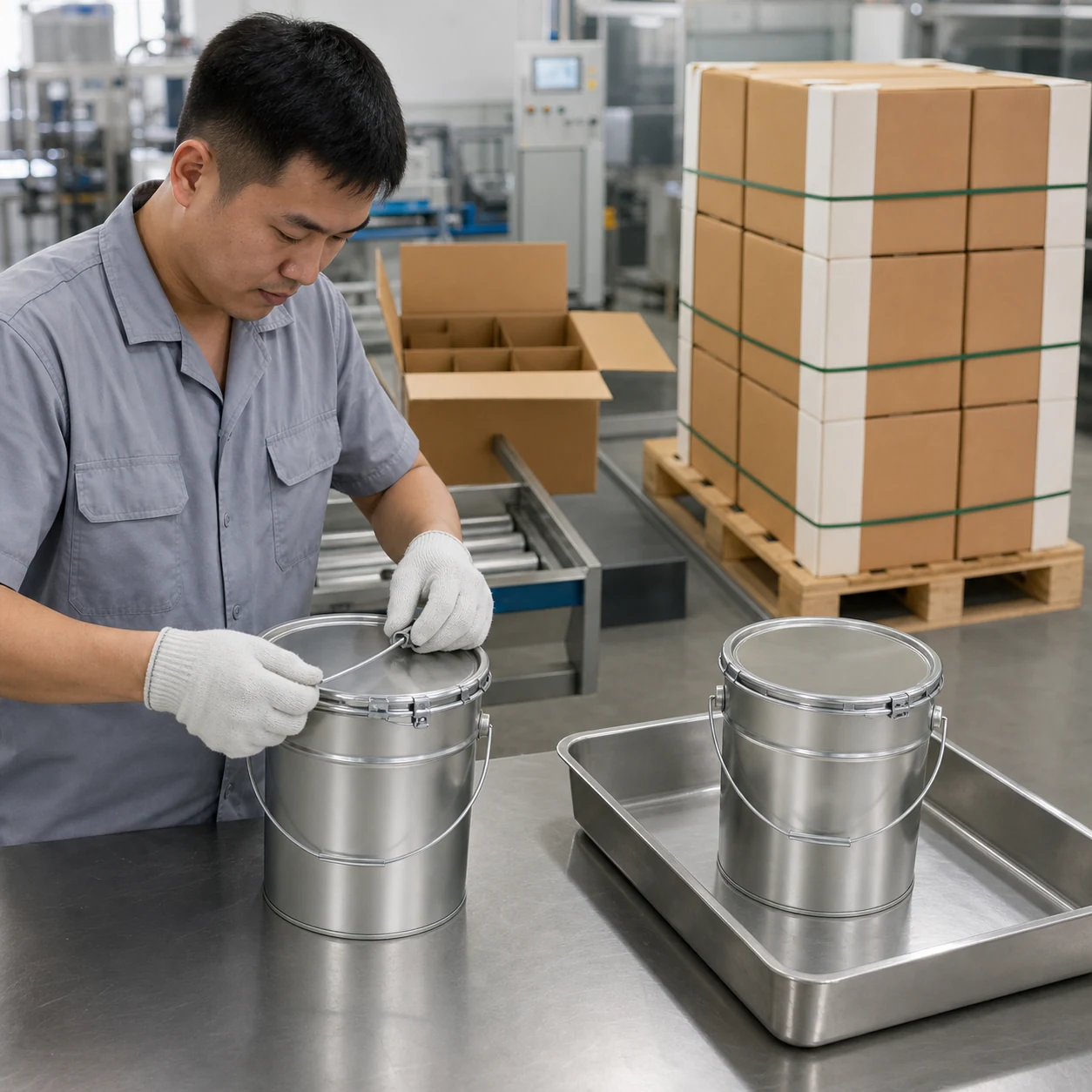 AI-generated small 20 kg PUR hot melt metal pails undergoing closure and leak inspection