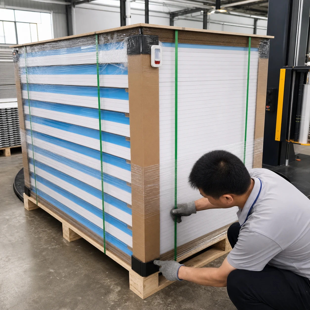 AI-generated PVC foam-board pallet with anti-slip layers, reinforced corners and an impact indicator