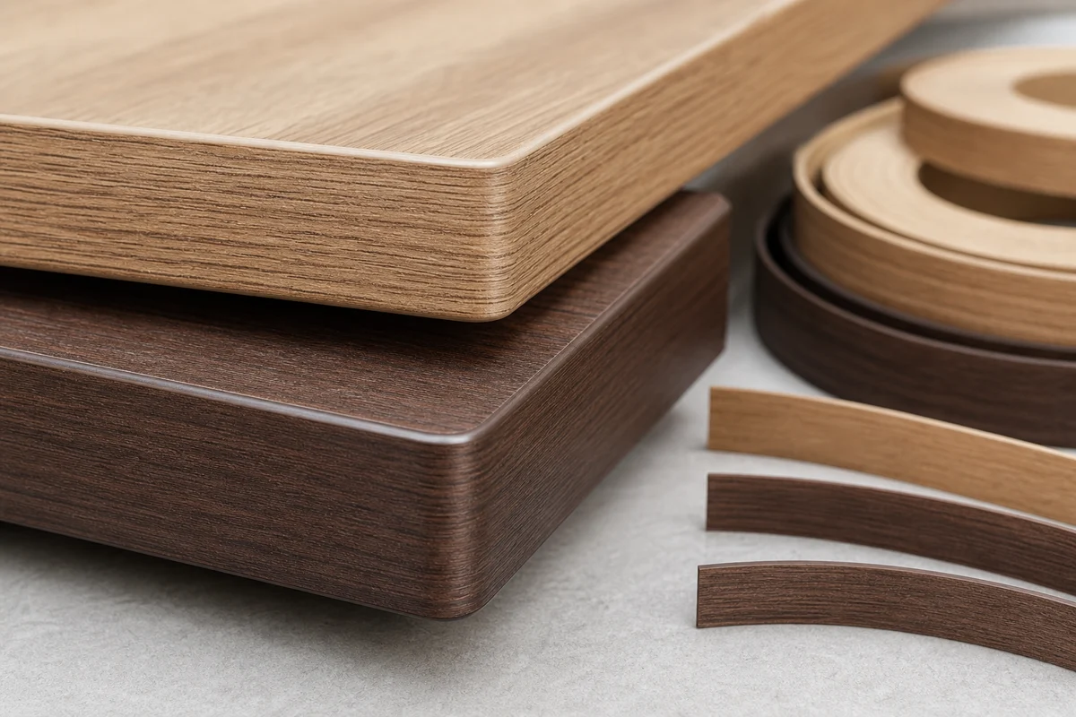 Wood grain PVC edge banding applied to rounded furniture board corners